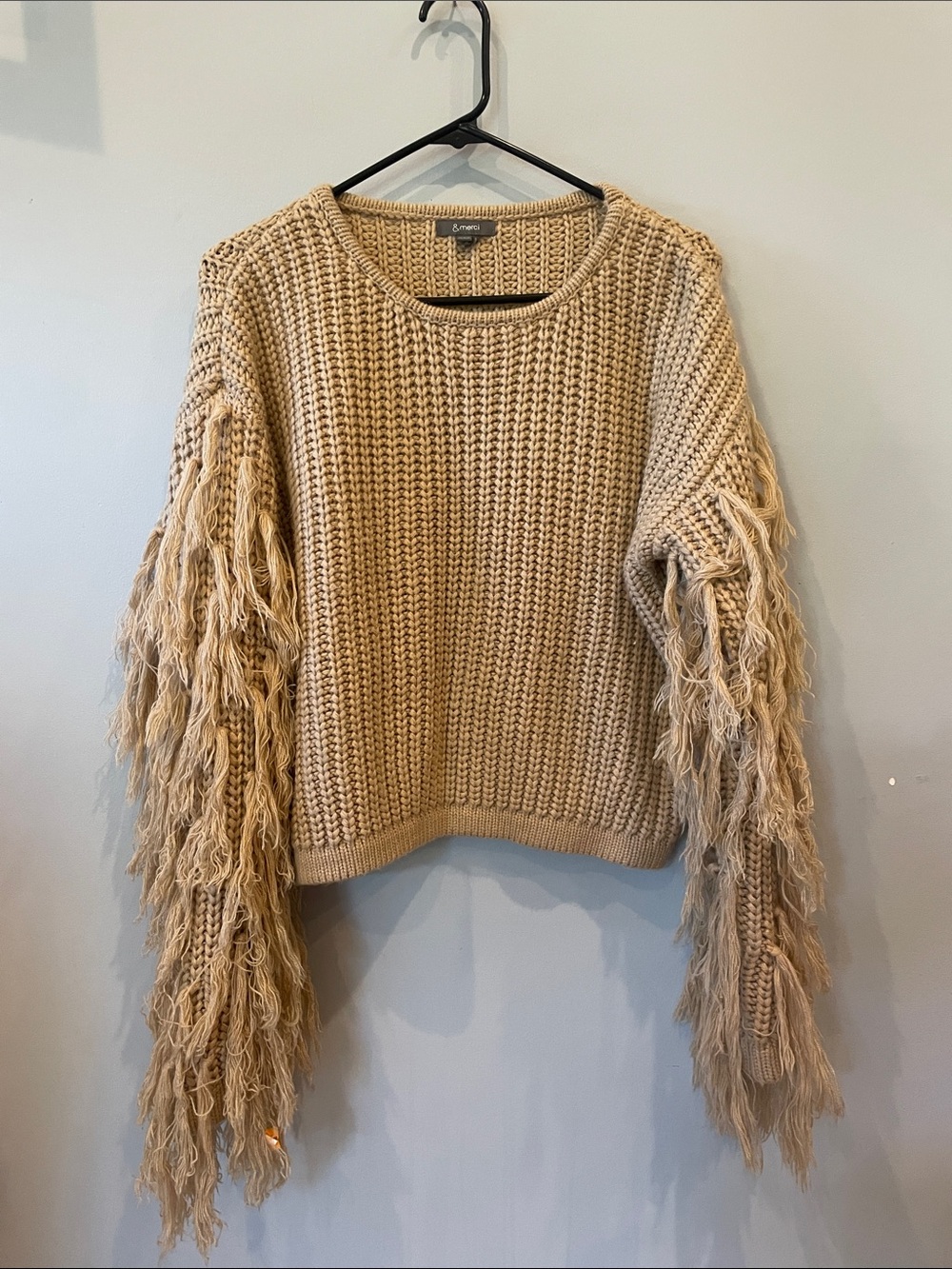 Beige Fringe Sleeve Crochet Sweater -medium by &merci